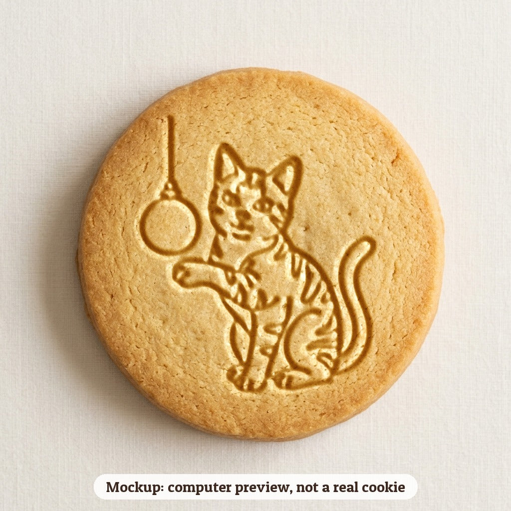 Cat and Ornament cookie stamp - cookie mockup, a computer preview, not a real cookie