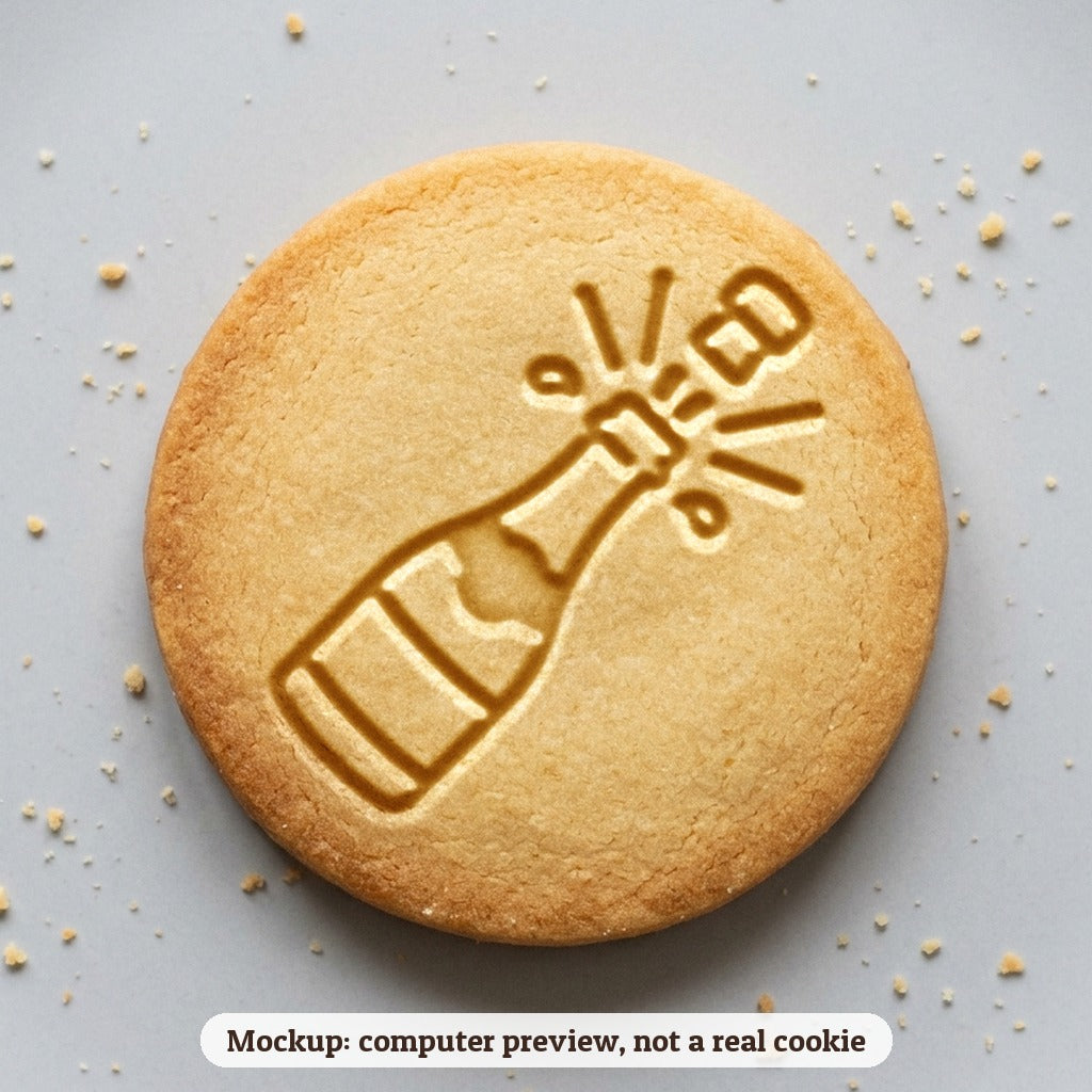 Champagne Bottle Popping cookie stamp - cookie mockup, a computer preview, not a real cookie