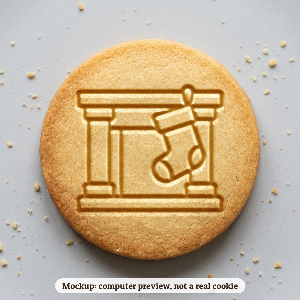 Christmas Fireplace cookie stamp - cookie mockup, a computer preview, not a real cookie