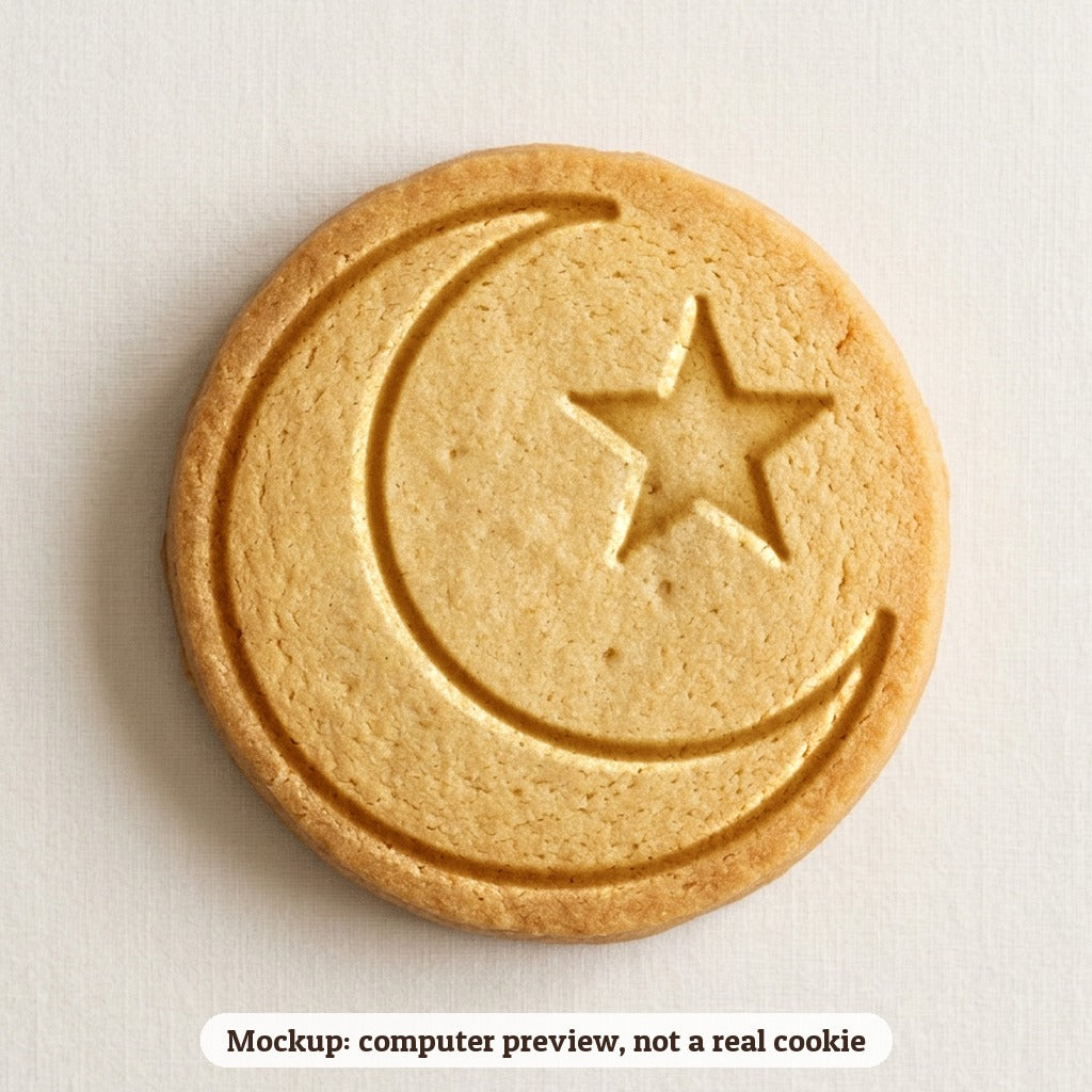 Crescent Moon & Star cookie stamp - cookie mockup, a computer preview, not a real cookie