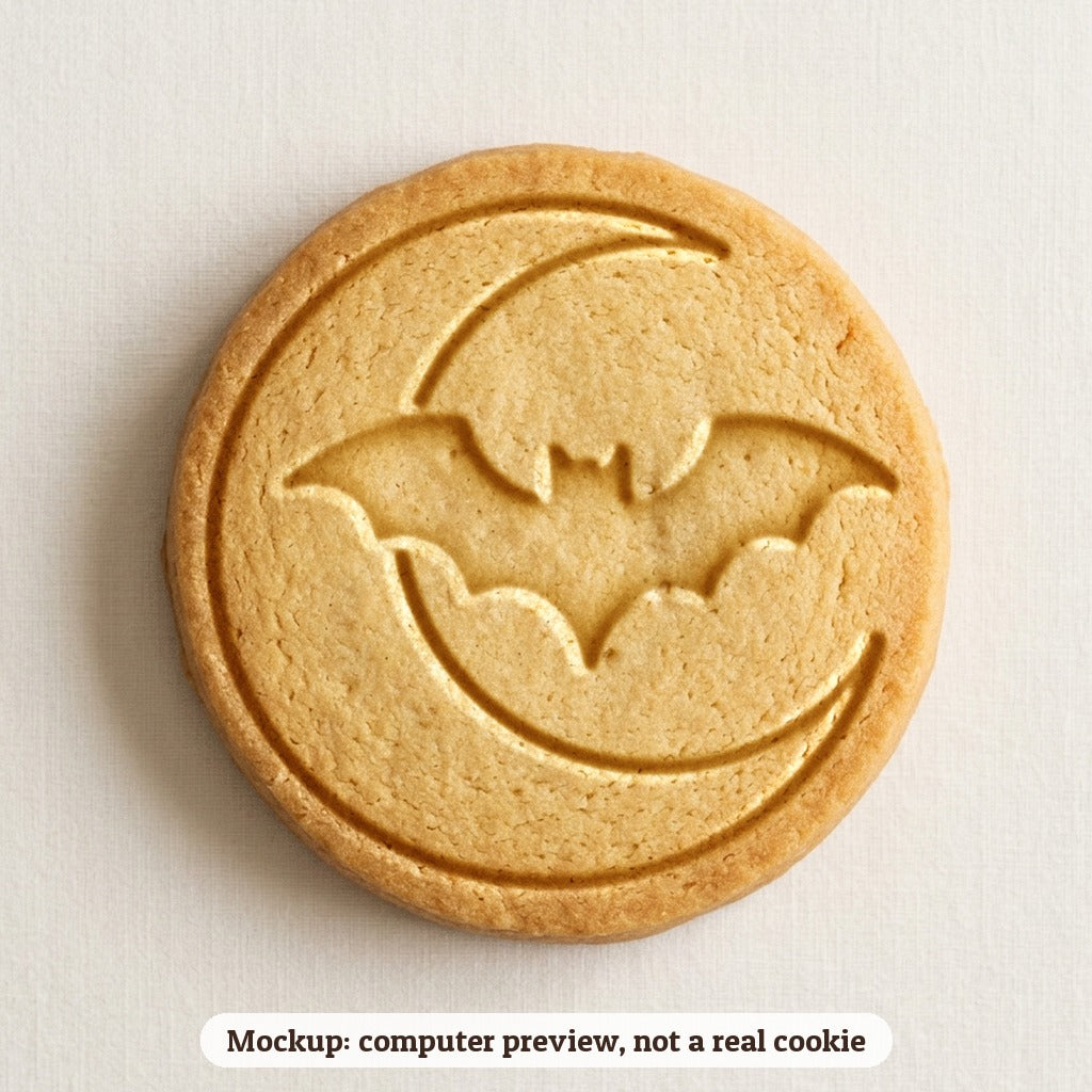 Crescent Moon with Bat cookie stamp - cookie mockup, a computer preview, not a real cookie