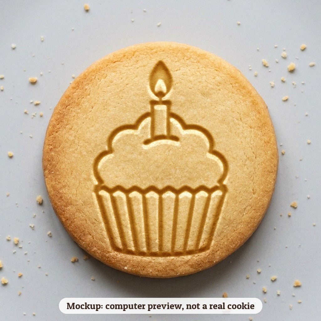 Cupcake with a Candle cookie stamp - cookie mockup, a computer preview, not a real cookie