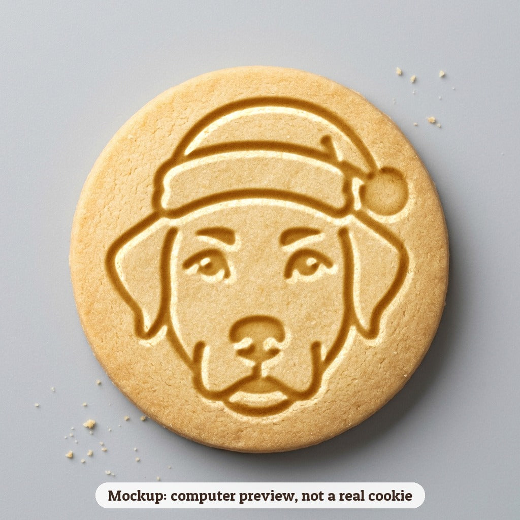 Dog in a Santa Hat cookie stamp - cookie mockup, a computer preview, not a real cookie