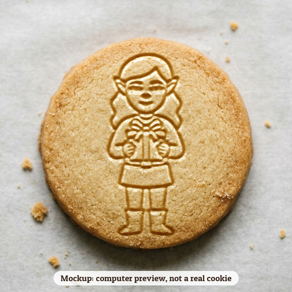 Elf with a Gift cookie stamp - cookie mockup, a computer preview, not a real cookie