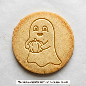 Ghost Holding a Pumpkin cookie stamp - cookie mockup, a computer preview, not a real cookie