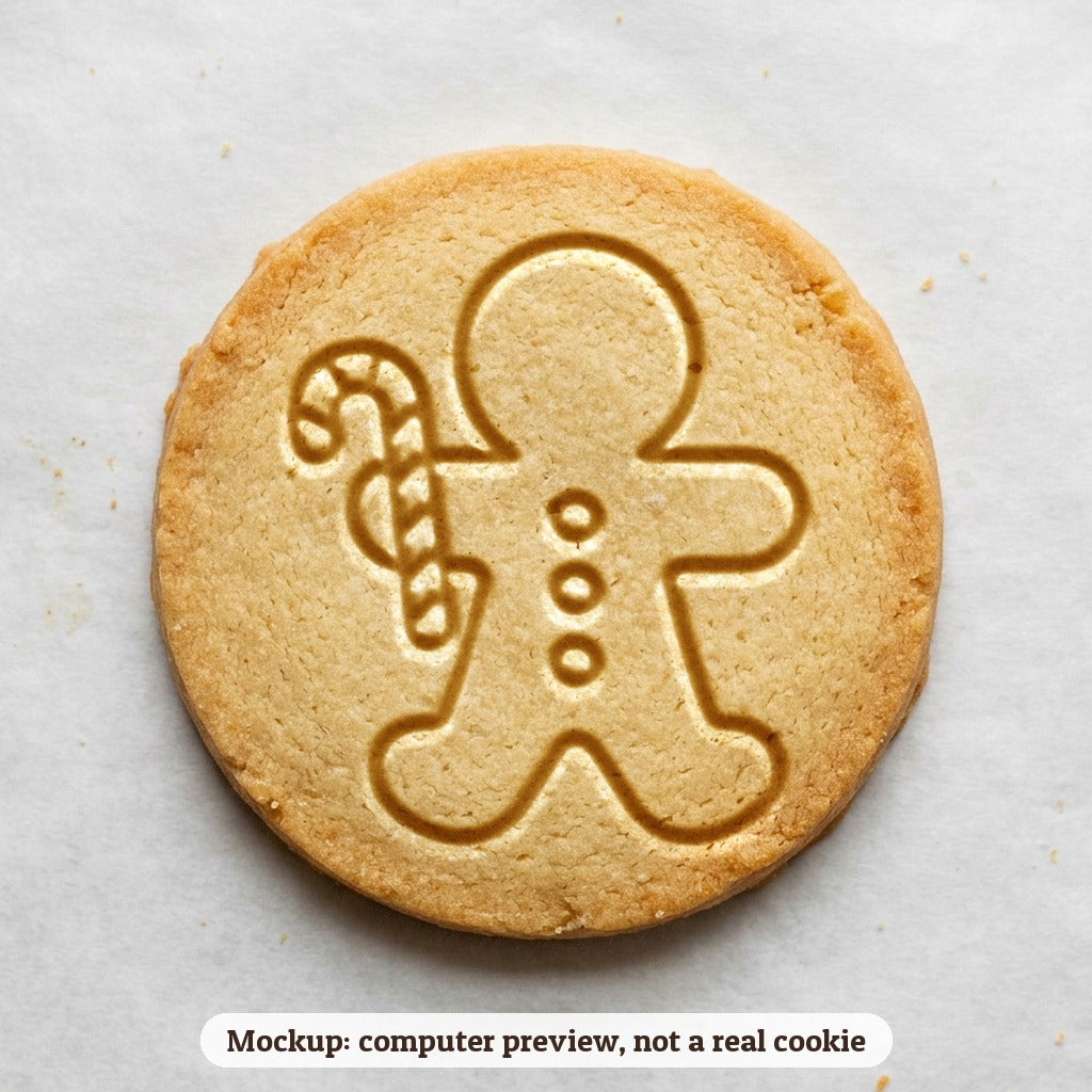 Gingerbread Man with a Candy Cane cookie stamp - cookie mockup, a computer preview, not a real cookie