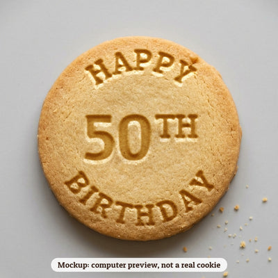 Happy 50th Birthday cookie stamp - cookie mockup, a computer preview, not a real cookie