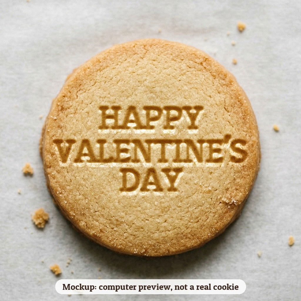 Happy Valentine's Day cookie stamp - cookie mockup, a computer preview, not a real cookie