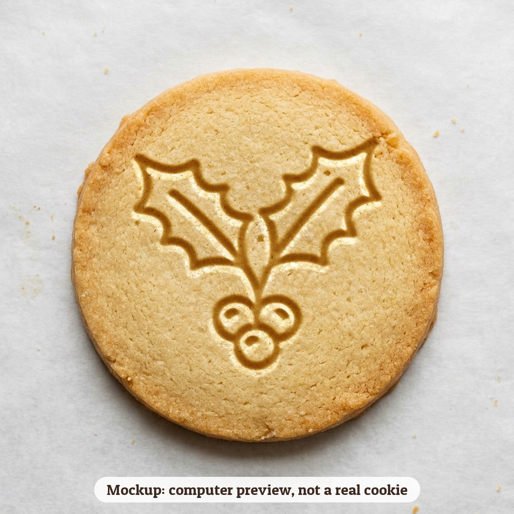 Holly Sprig cookie stamp - cookie mockup, a computer preview, not a real cookie
