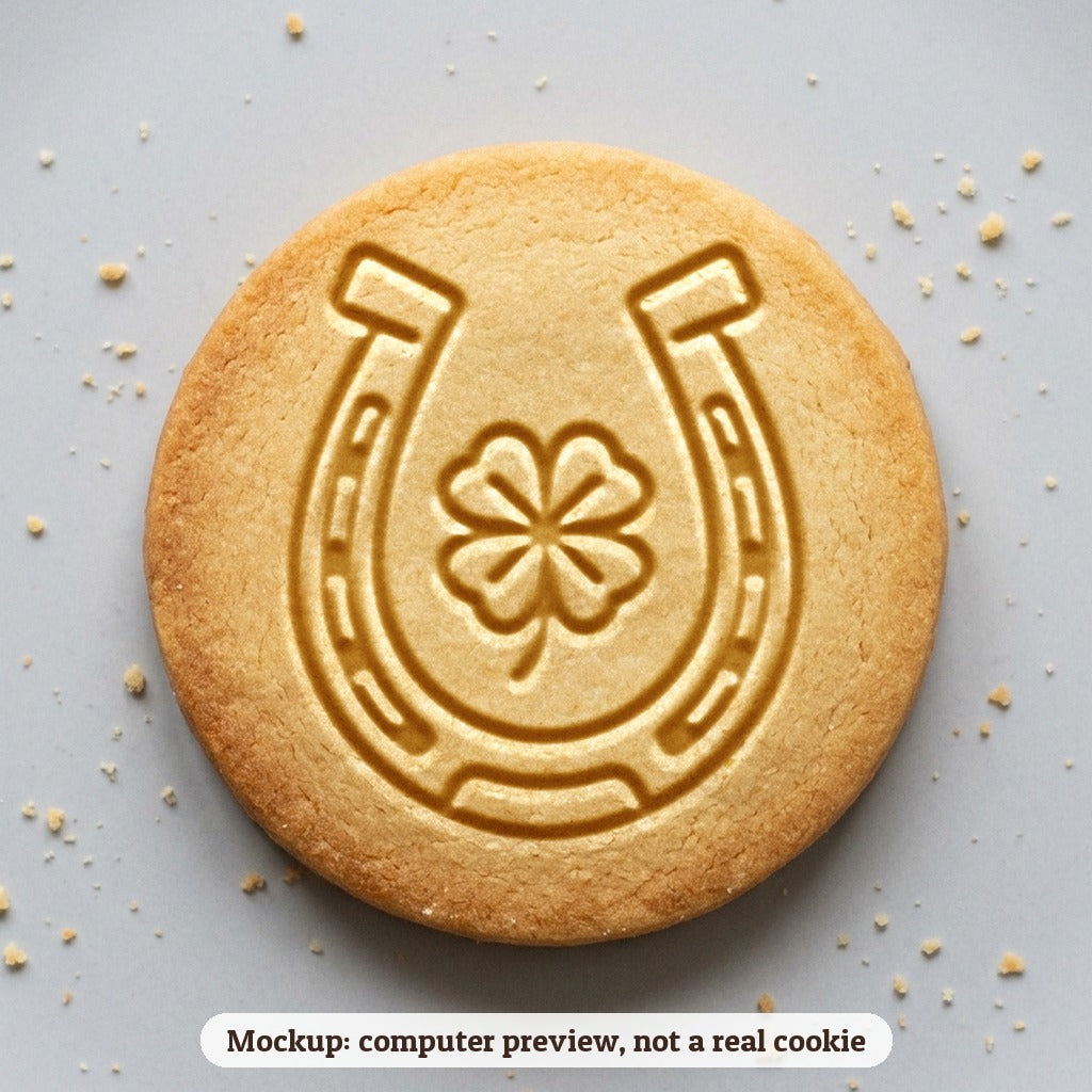 Horseshoe with a Clover cookie stamp - cookie mockup, a computer preview, not a real cookie
