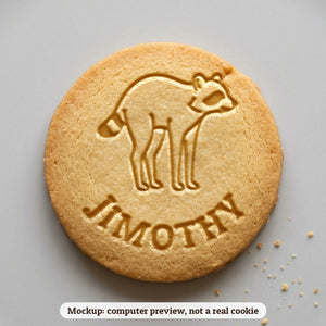 Jimothy the Raccoon cookie stamp - cookie mockup, a computer preview, not a real cookie