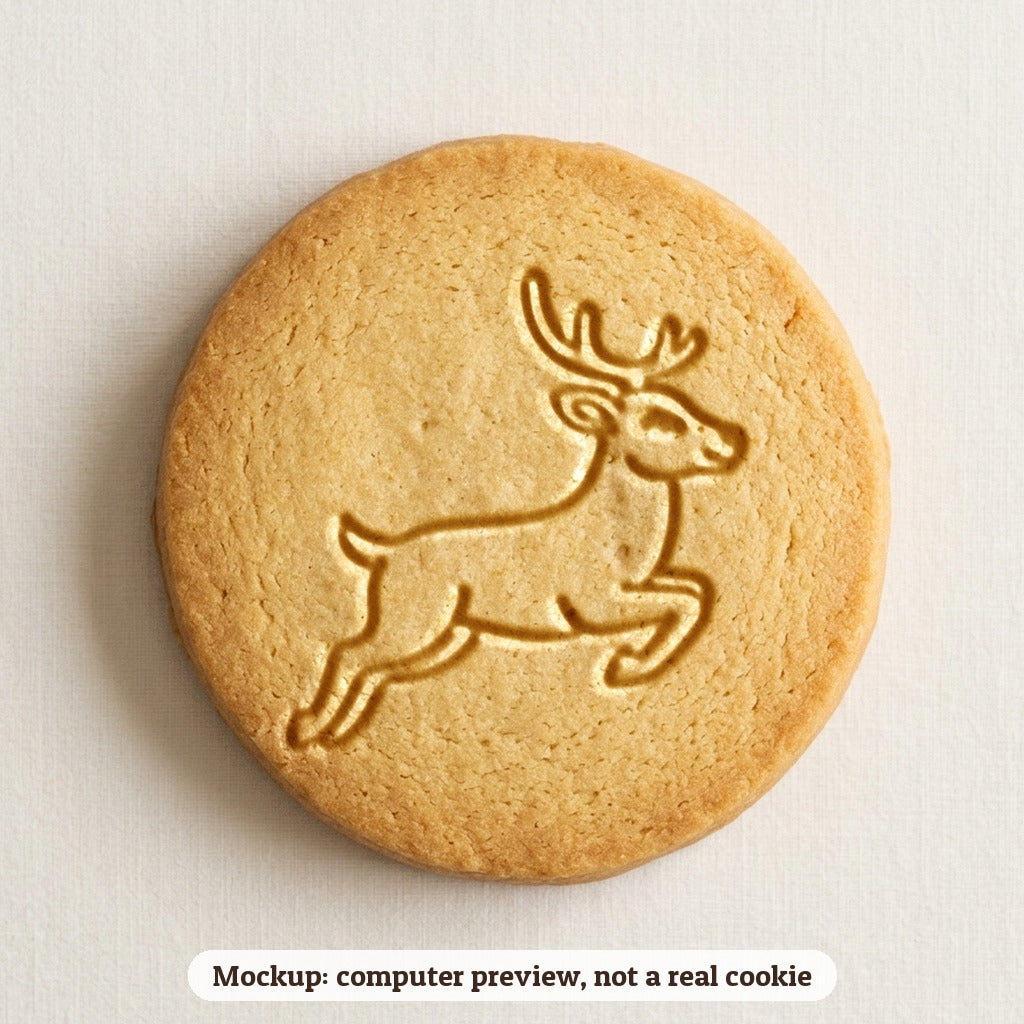 Leaping Reindeer cookie stamp - cookie mockup, a computer preview, not a real cookie
