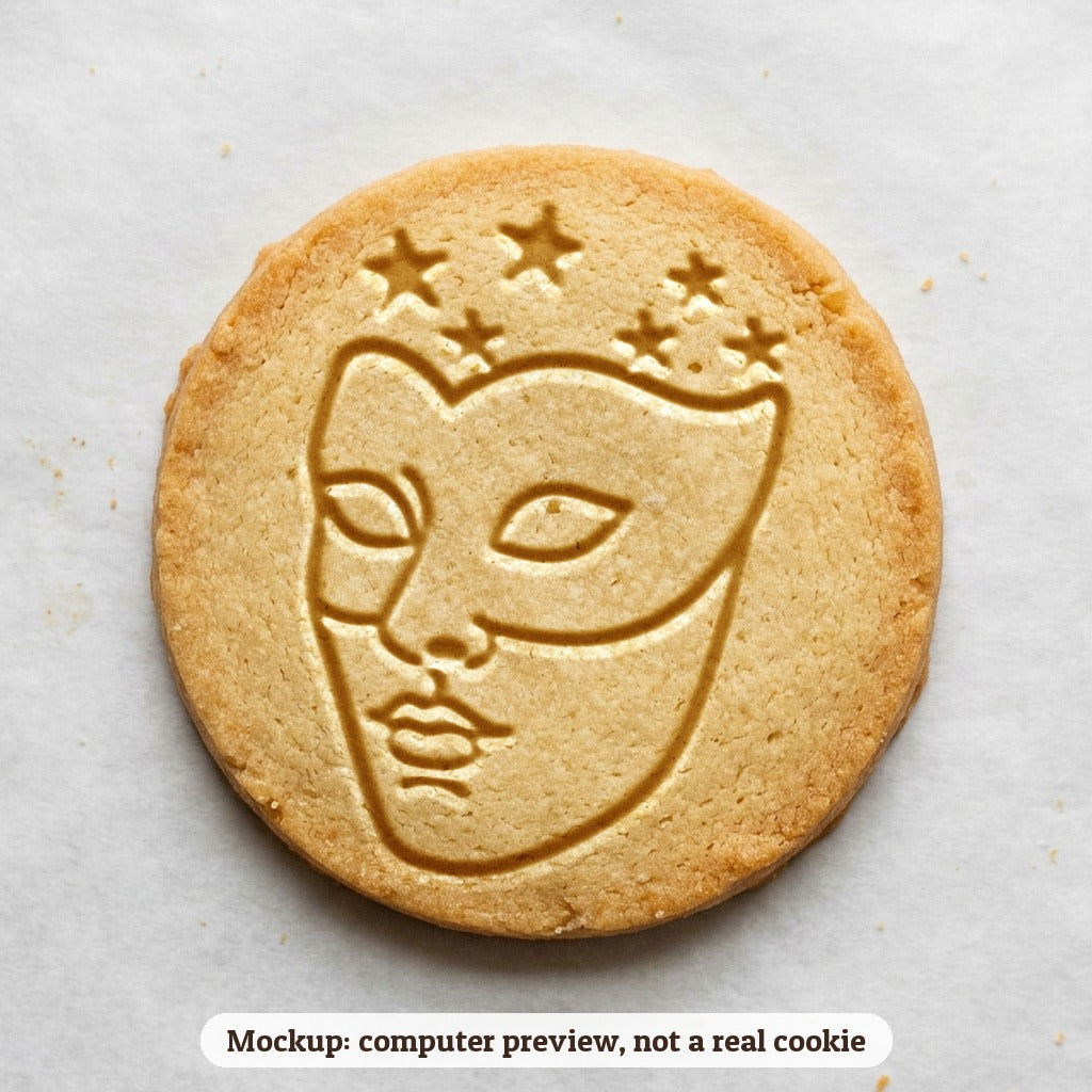 Mardi Gras Mask cookie stamp - cookie mockup, a computer preview, not a real cookie