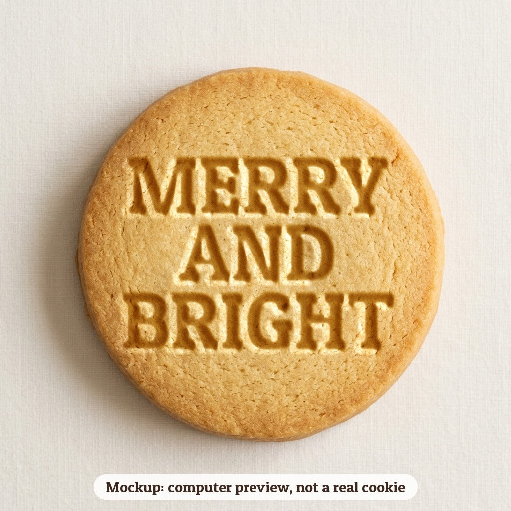 Merry and Bright cookie stamp - cookie mockup, a computer preview, not a real cookie