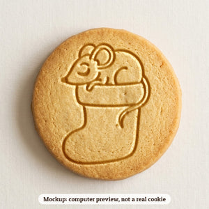Mouse in a Stocking cookie stamp - cookie mockup, a computer preview, not a real cookie