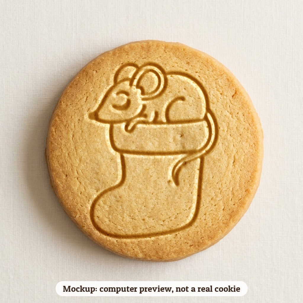 Mouse in a Stocking cookie stamp - cookie mockup, a computer preview, not a real cookie