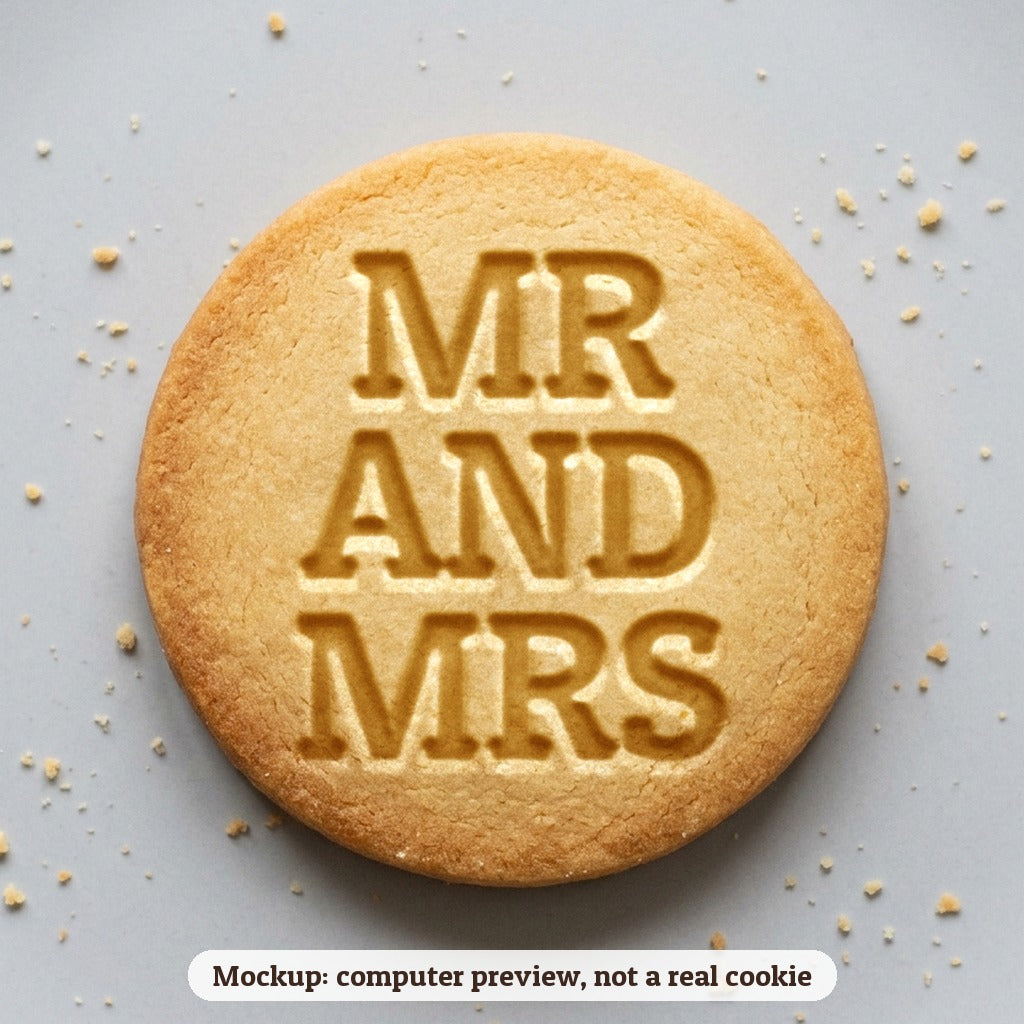 Mr and Mrs cookie stamp - cookie mockup, a computer preview, not a real cookie