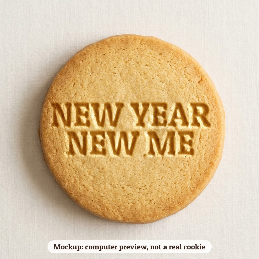 New Year New Me cookie stamp - cookie mockup, a computer preview, not a real cookie