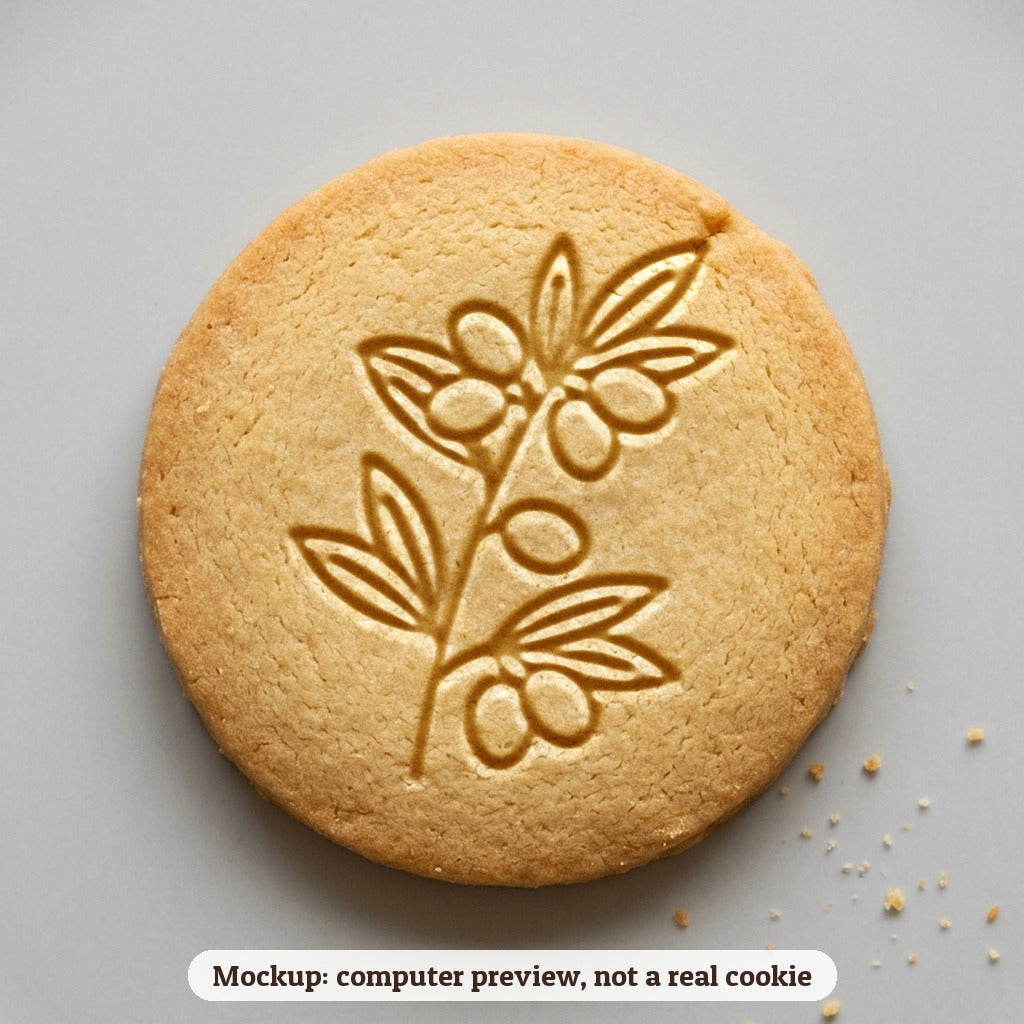 Olive Branch cookie stamp - cookie mockup, a computer preview, not a real cookie