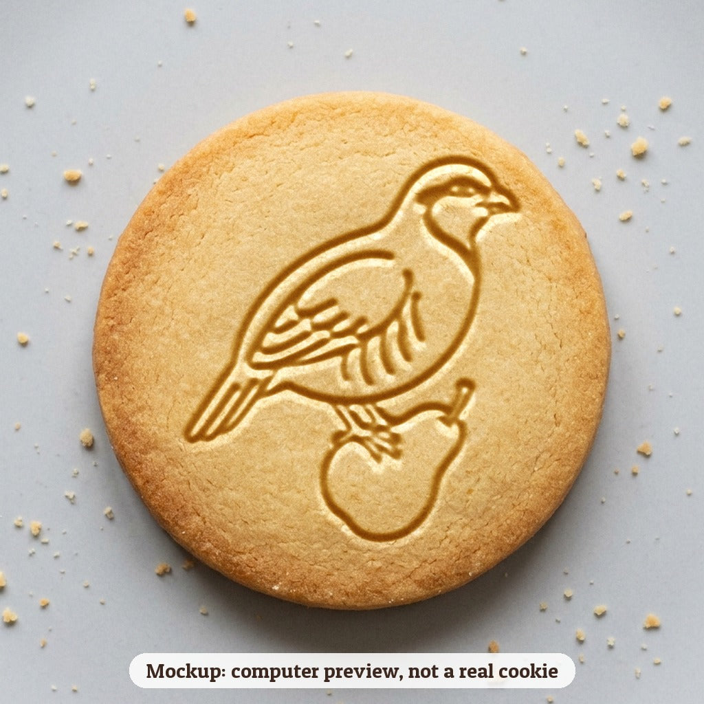 Partridge in a Pear Tree cookie stamp - cookie mockup, a computer preview, not a real cookie