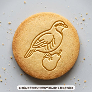 Partridge in a Pear Tree cookie stamp - cookie mockup, a computer preview, not a real cookie