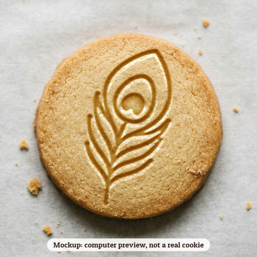 Peacock Feather cookie stamp - cookie mockup, a computer preview, not a real cookie