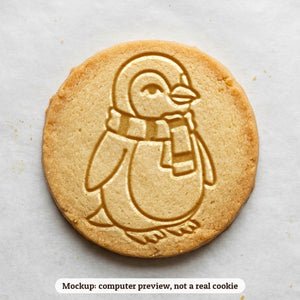 Penguin in a Scarf cookie stamp - cookie mockup, a computer preview, not a real cookie