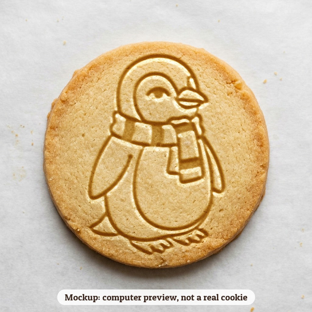 Penguin in a Scarf cookie stamp - cookie mockup, a computer preview, not a real cookie