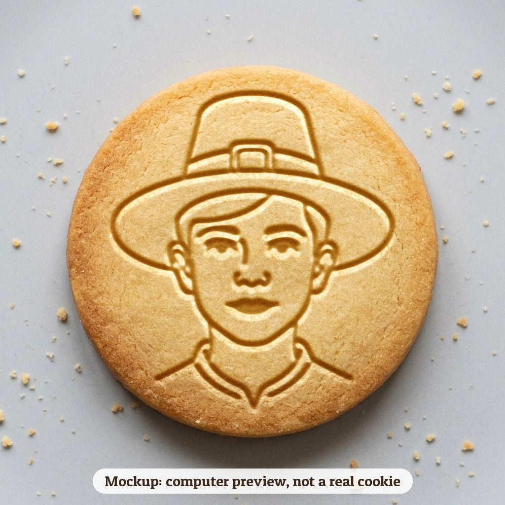 Pilgrim Boy cookie stamp - cookie mockup, a computer preview, not a real cookie