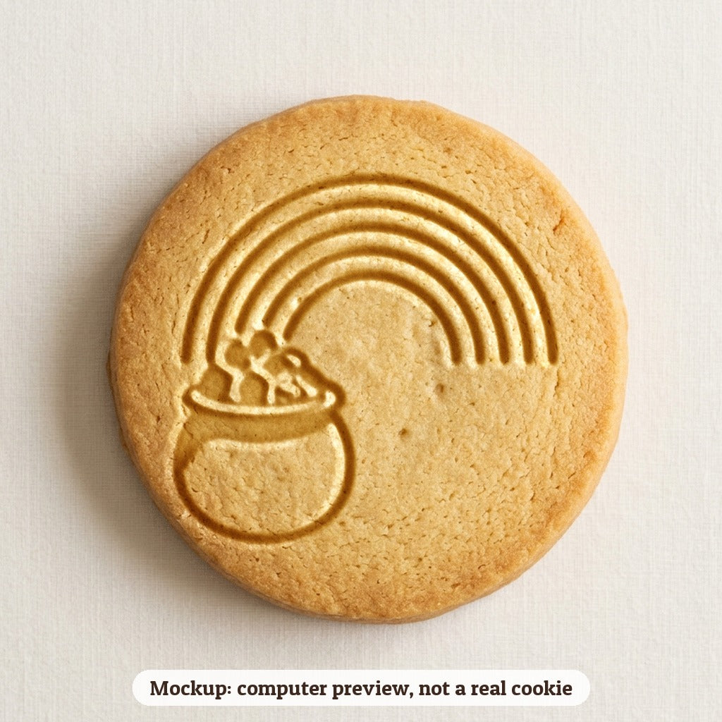 Rainbow with a Pot of Gold cookie stamp - cookie mockup, a computer preview, not a real cookie