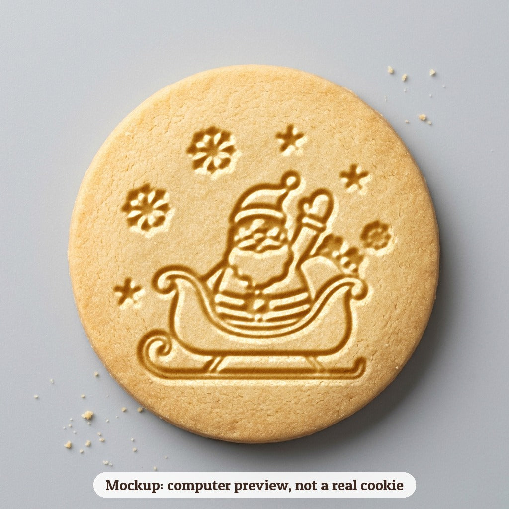 Santa in His Sleigh cookie stamp - cookie mockup, a computer preview, not a real cookie