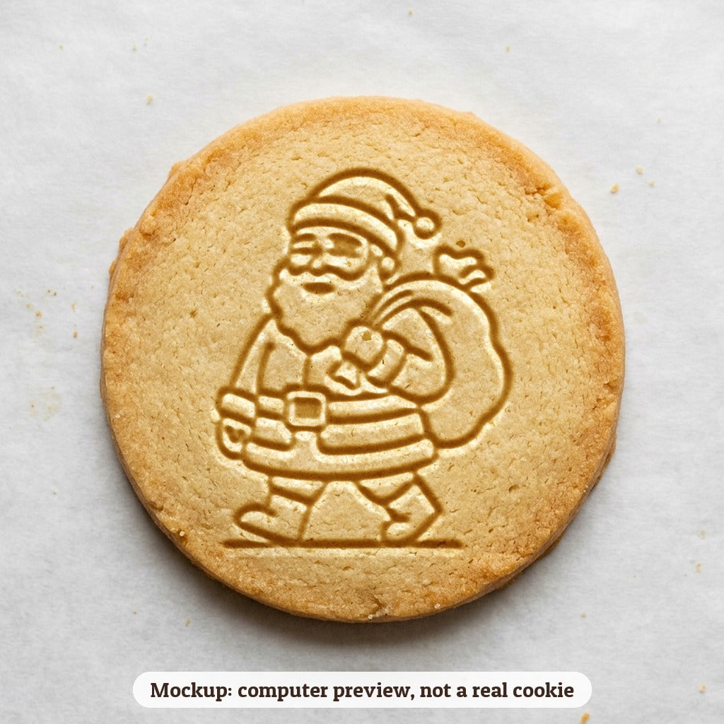 Santa with His Toy Sack cookie stamp - cookie mockup, a computer preview, not a real cookie