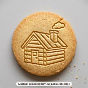 Snowy Cabin cookie stamp - cookie mockup, a computer preview, not a real cookie
