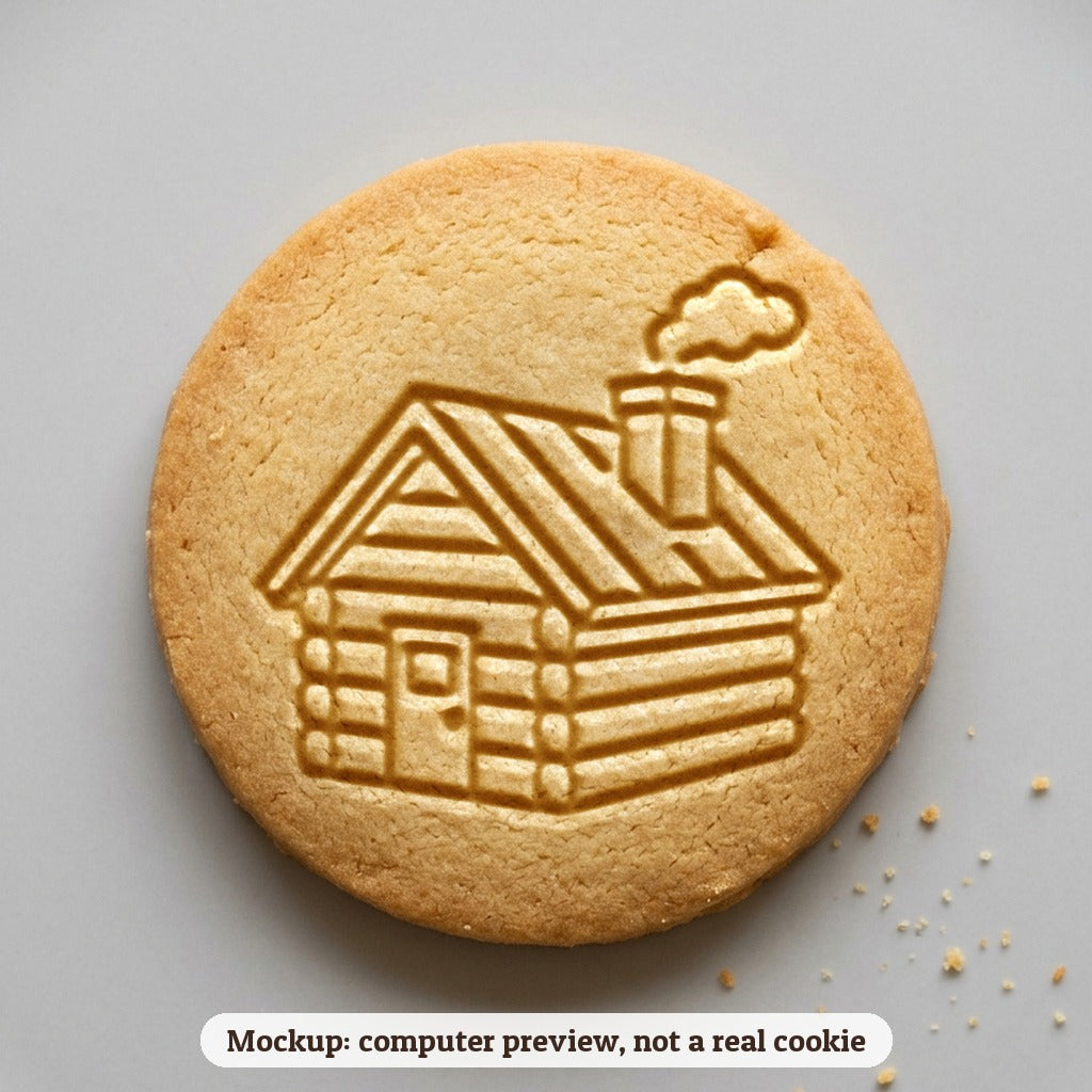 Snowy Cabin cookie stamp - cookie mockup, a computer preview, not a real cookie