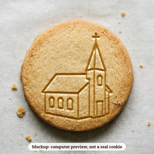 Snowy Church cookie stamp - cookie mockup, a computer preview, not a real cookie