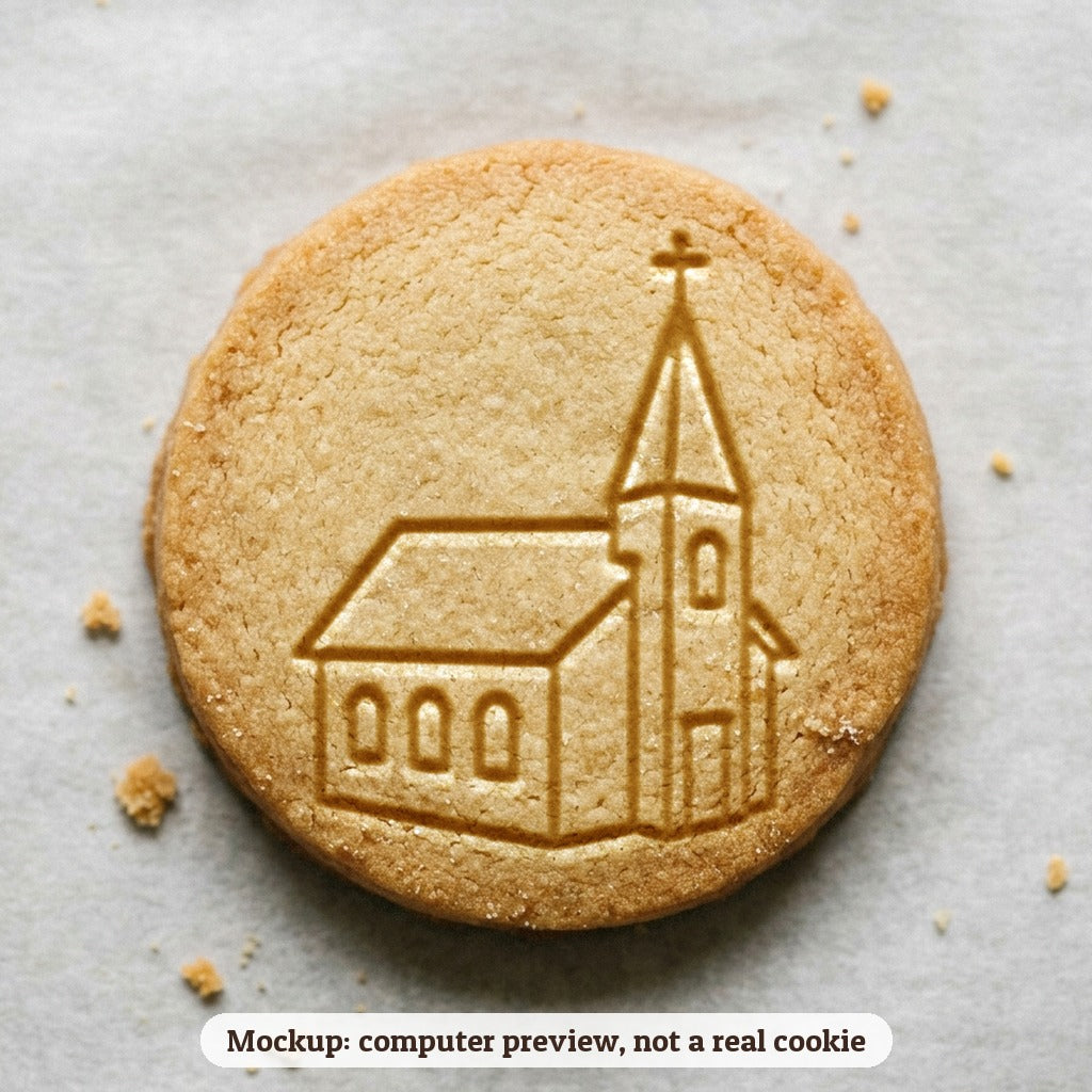 Snowy Church cookie stamp - cookie mockup, a computer preview, not a real cookie