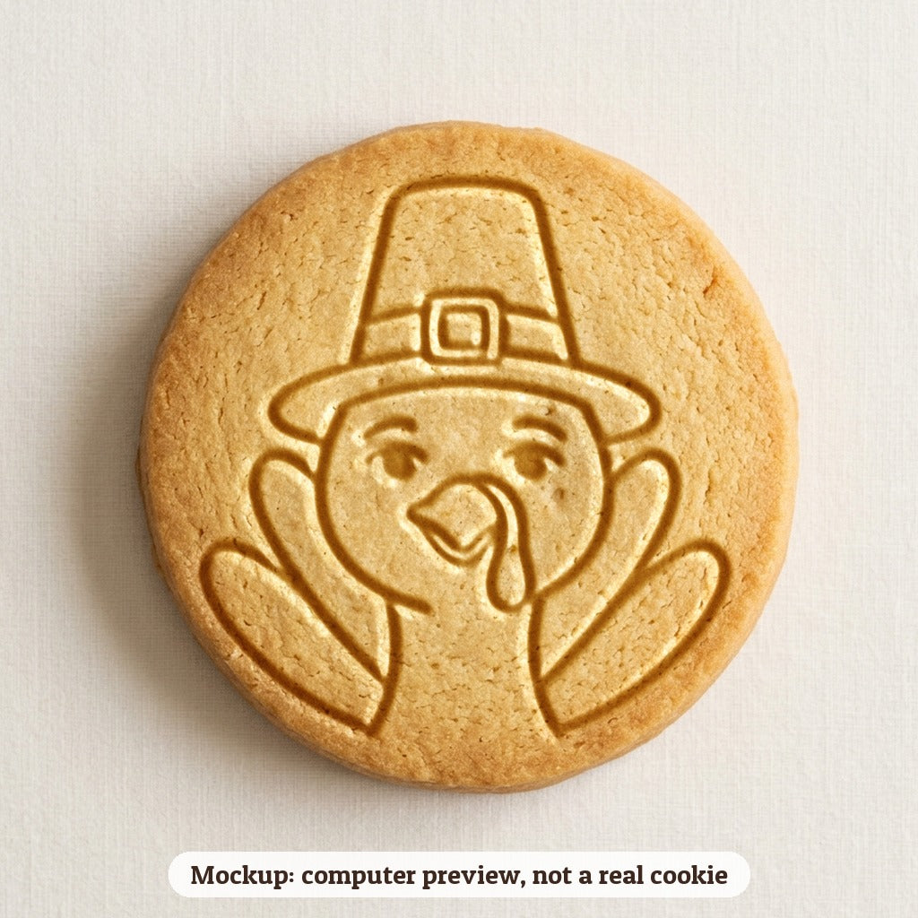 Turkey in a Pilgrim Hat cookie stamp - cookie mockup, a computer preview, not a real cookie