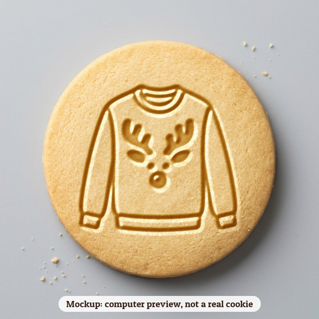 Ugly Sweater with a Reindeer cookie stamp - cookie mockup, a computer preview, not a real cookie