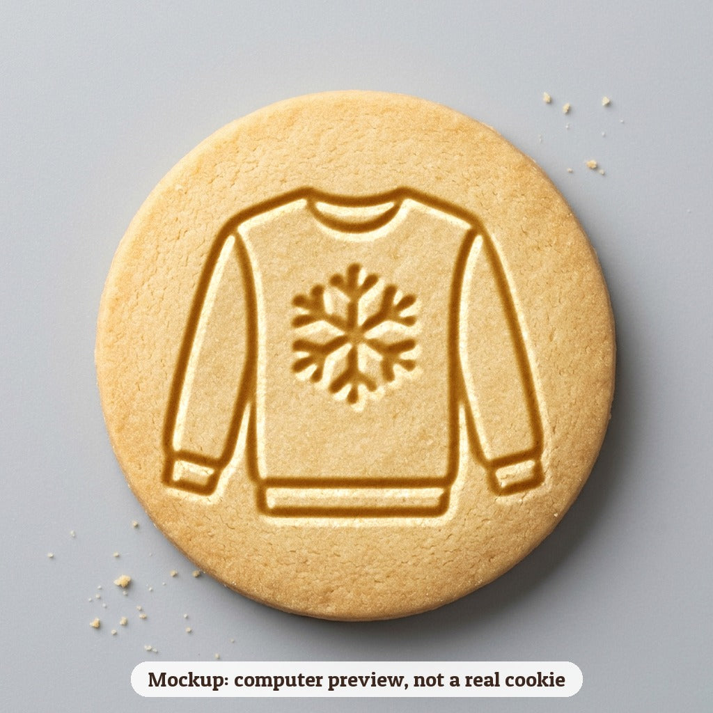 Ugly Sweater with a Snowflake cookie stamp - cookie mockup, a computer preview, not a real cookie