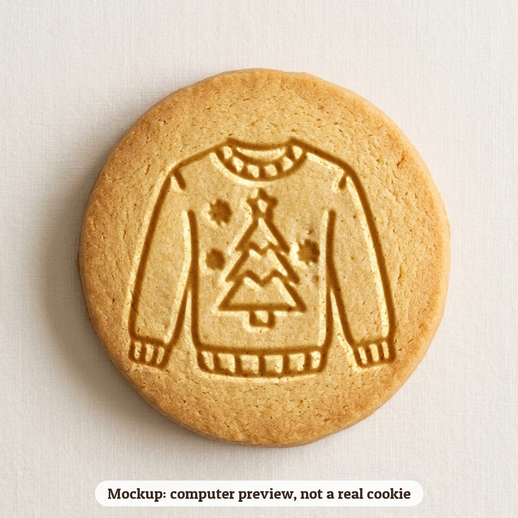 Ugly Sweater with a Tree cookie stamp - cookie mockup, a computer preview, not a real cookie