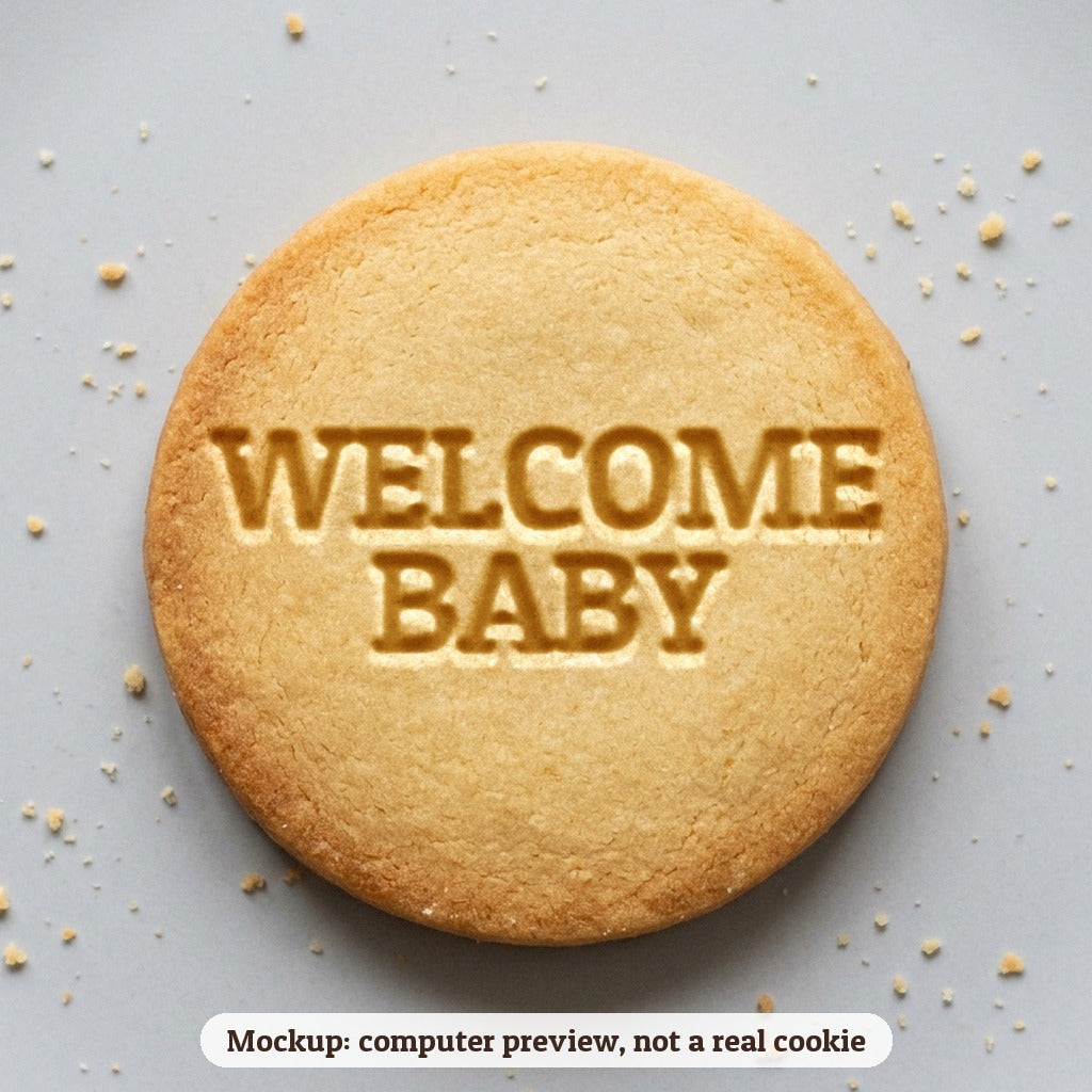 Welcome Baby cookie stamp - cookie mockup, a computer preview, not a real cookie