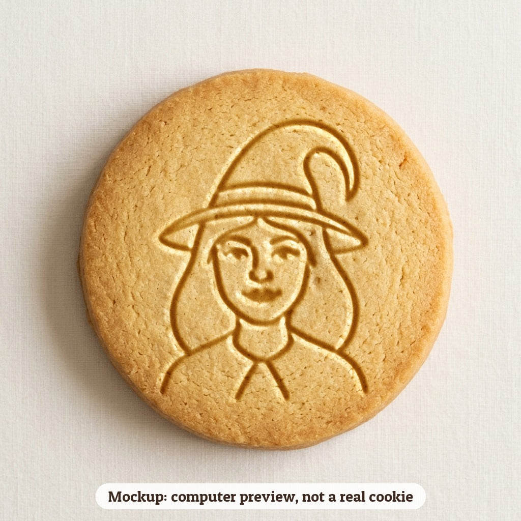 Witch Face cookie stamp - cookie mockup, a computer preview, not a real cookie
