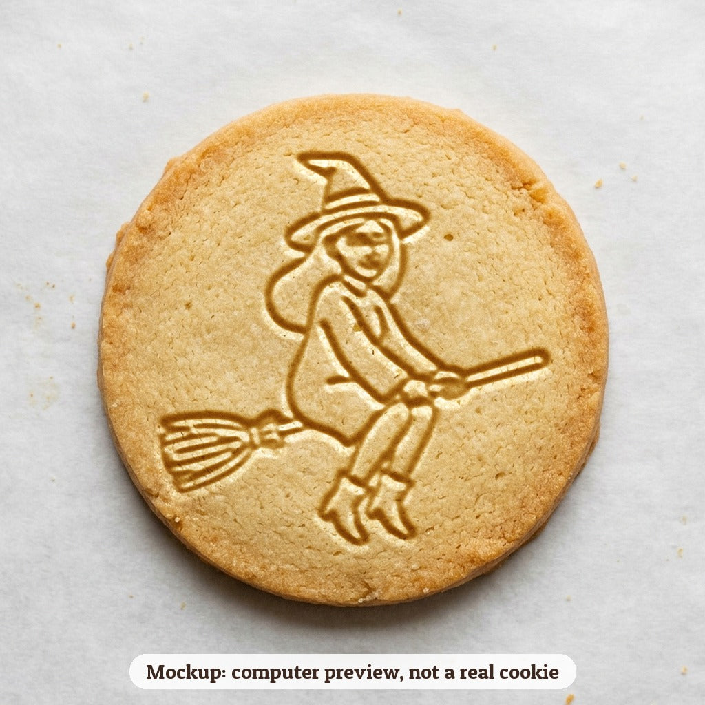 Witch on a Broom cookie stamp - cookie mockup, a computer preview, not a real cookie