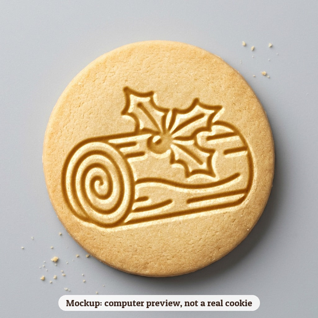 Yule Log Cake cookie stamp - cookie mockup, a computer preview, not a real cookie
