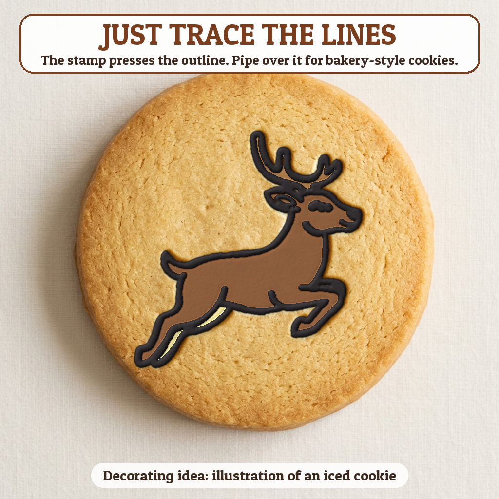 Leaping Reindeer cookie traced with icing, iced decorating idea
