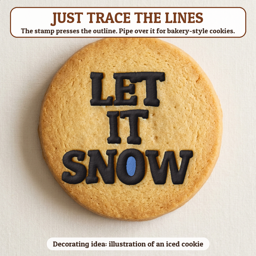 Let It Snow cookie traced with icing, iced decorating idea