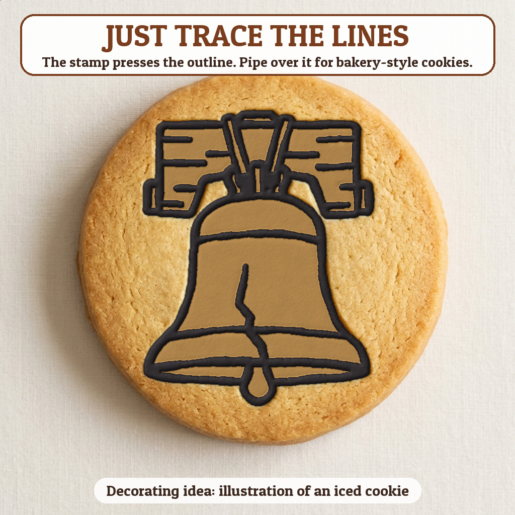 Liberty Bell cookie traced with icing, iced decorating idea