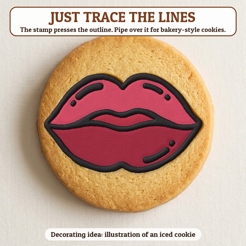 Lips cookie traced with icing, iced decorating idea