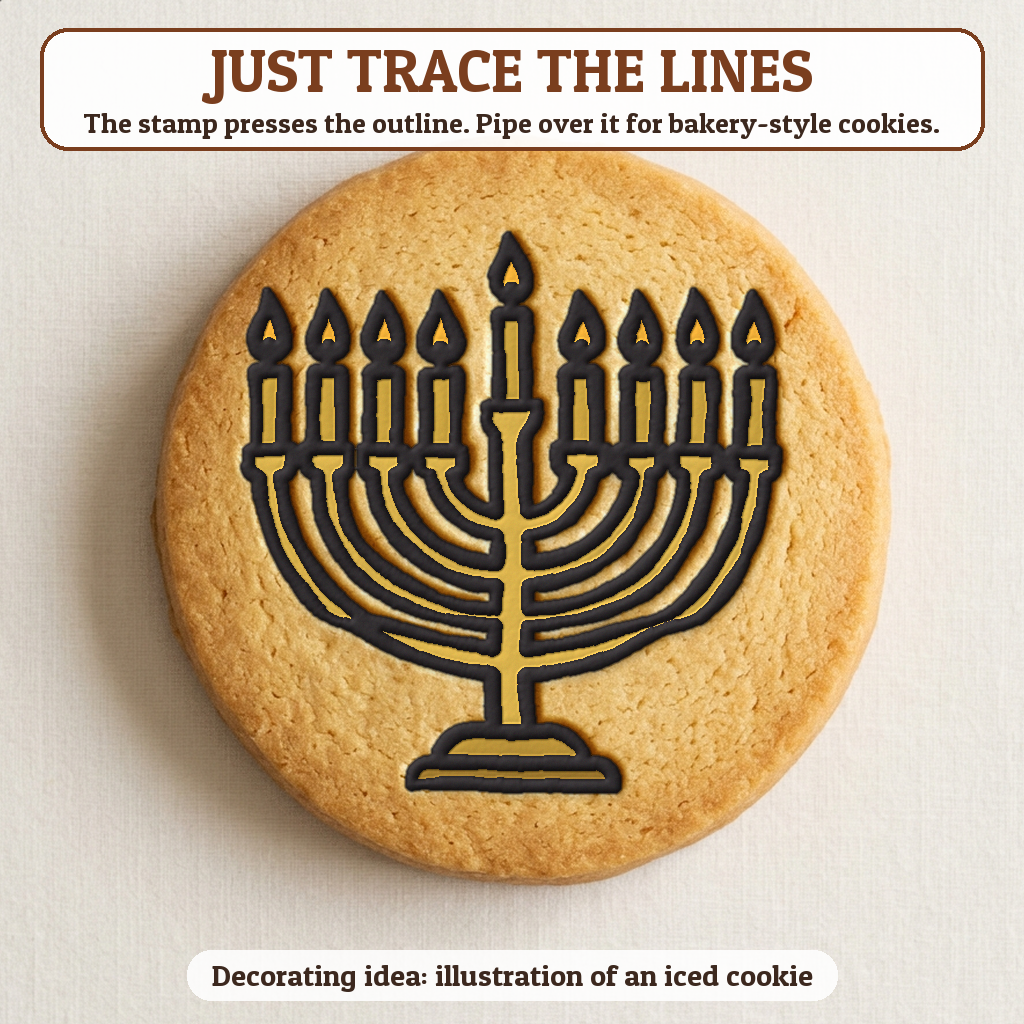 Lit Menorah cookie traced with icing, iced decorating idea