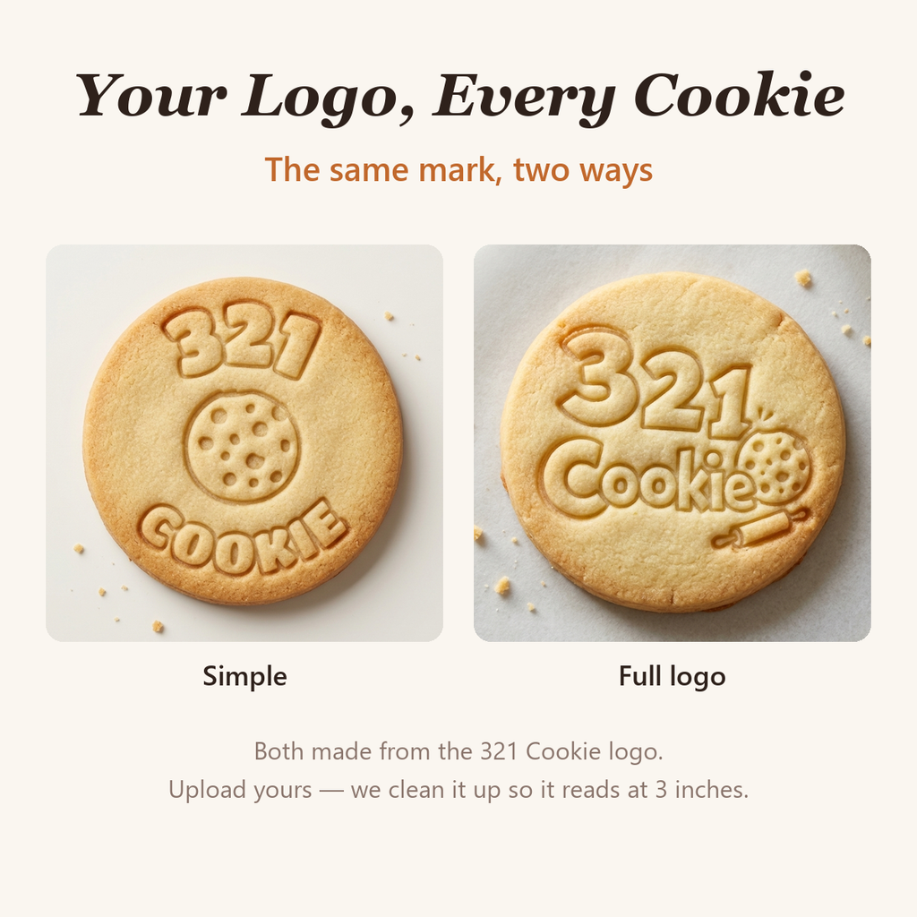 Two baked cookies stamped with the 321 Cookie logo: a simple version with curved 321 and COOKIE around a cookie, and the full logo